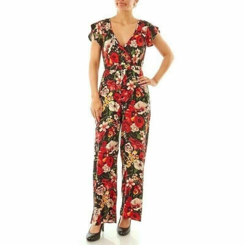 Floral V-Neck Wide-Leg Jumpsuit - Black with Red Floral